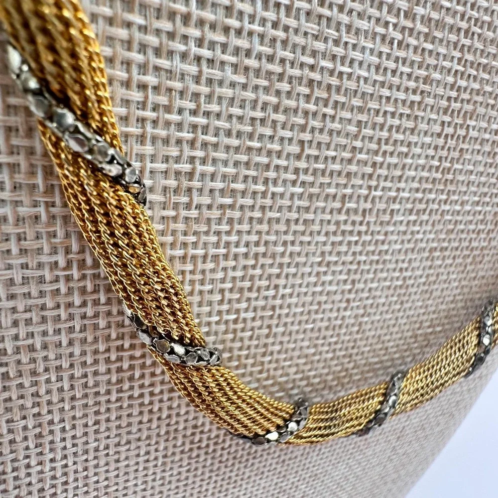 Vintage 80s Two Tone Gold Silver Twisted Mesh Rope Chain‎ Necklace Retro Jewelry